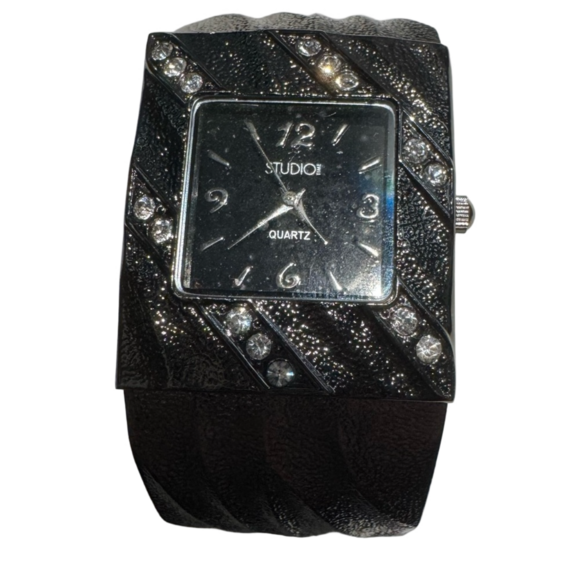 Studio Accessories - Studio Quartz Black Silver Cuff Watch | Rhinestones Textured Bracelet Band